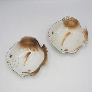 Pair of Handpainted Japanese Fish Dishes Silver Rim White Brown